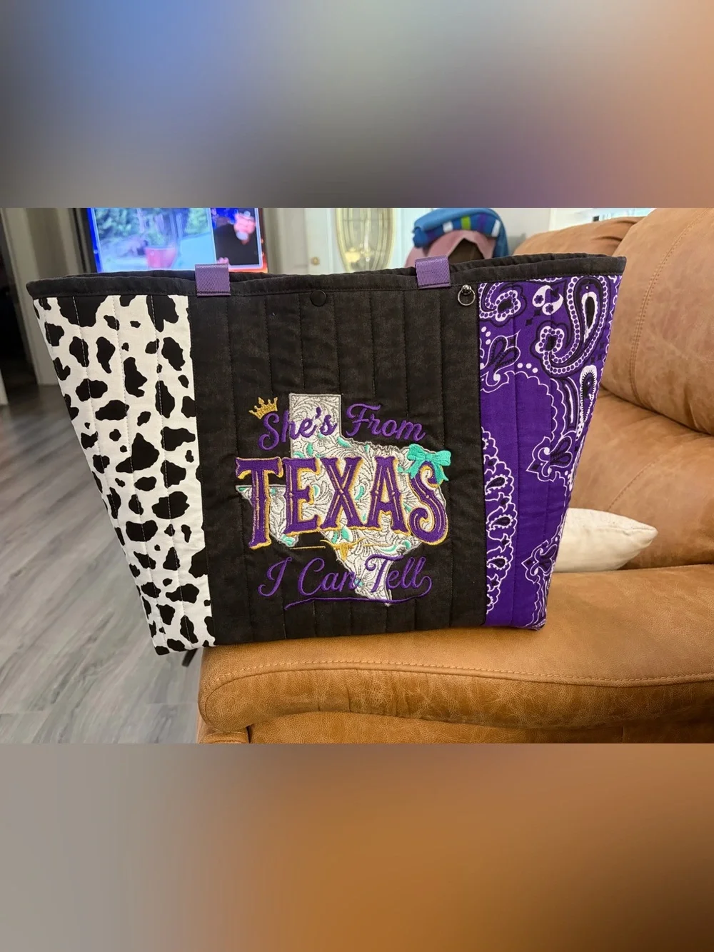 She's From Texas Quilted Tote Bag - Purple & Black